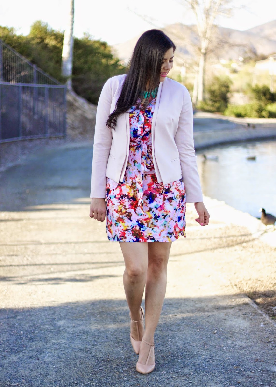 Sleeve floral print dress, pops of teal, pop of color in an outfit, perfect outfit for spring