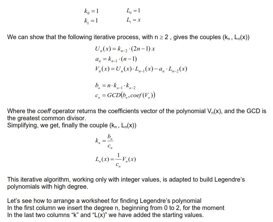 MyExcelRoutines: Legendre polynomial (Legendre function of the first kind)