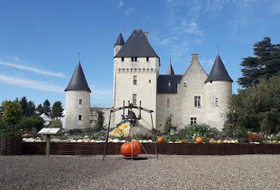 Front view of Chateau du Rivau with pumkin display