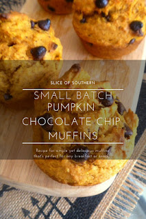 Small Batch Pumpkin Chocolate Chip Muffins:  The pumpkin flavors pop in this moist muffin that's studded with mini chocolate chips. - Slice of Southern