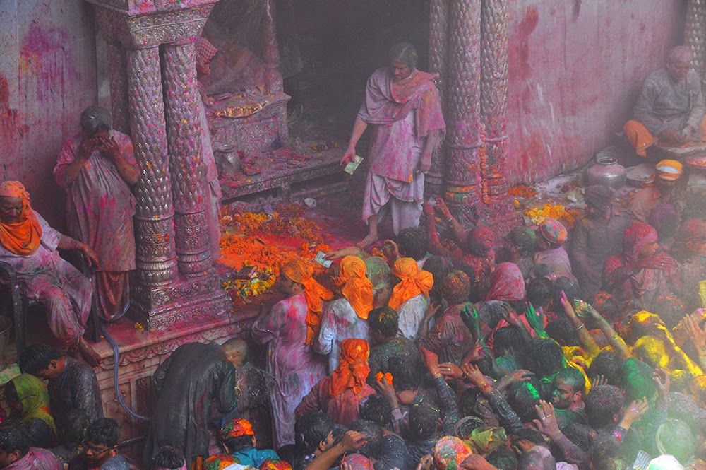 Holi Banke Bihari Temple Vrindavan 2015 colors gulal red yellow green men 