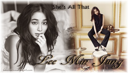 Lee Min Jung 이민정 banner showing black and white editorial photo from Elle and a full length shot from for InStyle in Paris.