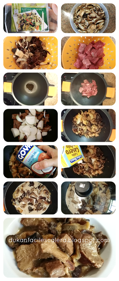 Ternera en salsa de coco y setas,receta para a partir del martes de la escalera nutricional o día de pv de la dieta dukan clásica.Una redceta deliciosa y diferente.