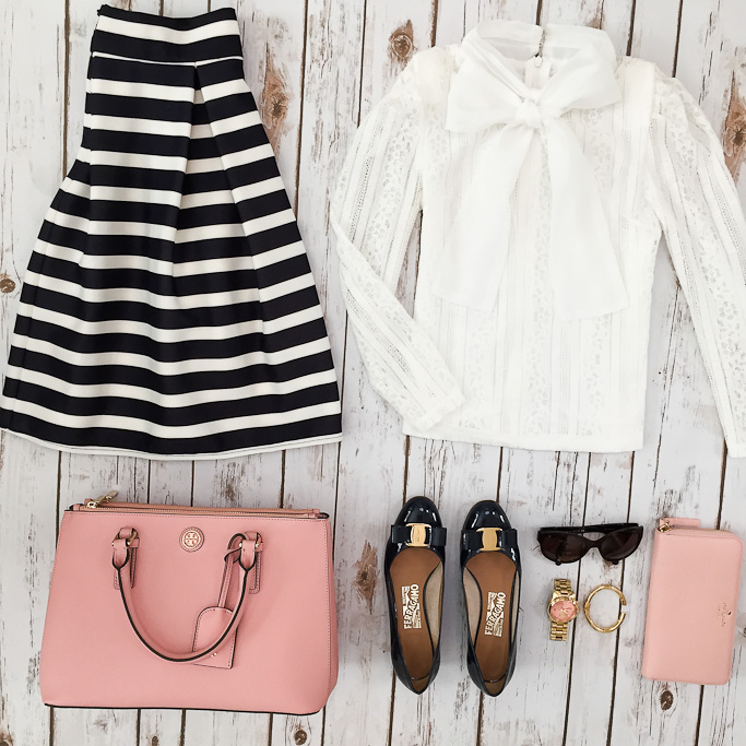 Chicwish striped pleated tulip skirt Sheinside embroidered bow blouse Tory Burch pink mini Robinson tote Ferragamo Vara navy bow pumps Chanel sunglasses Kate Spade pink wallet