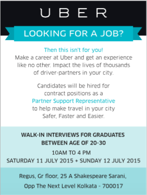 Uber Kolkata is hiring for Uber Partner Support Representatives Walk in on 11th and 12th July