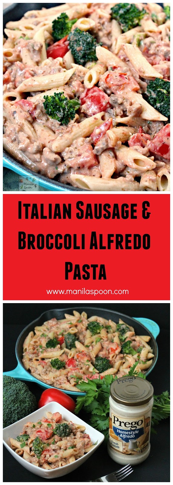 Ready in 30 minutes or less, this delicious Italian Sausage and Broccoli Alfredo Pasta meal makes dinner a breeze for Mom. Just five main ingredients is all you need! | manilaspoon.com