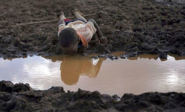 Es foto encarna de manera muy desgarradora, la dura realidad de algunos lugares de nuestro mundo, en donde el agua escasea, y no importa el estado en el que este o las enfermedades que esta traiga, tan solo la beben, porque es el elemento vital para la vida.