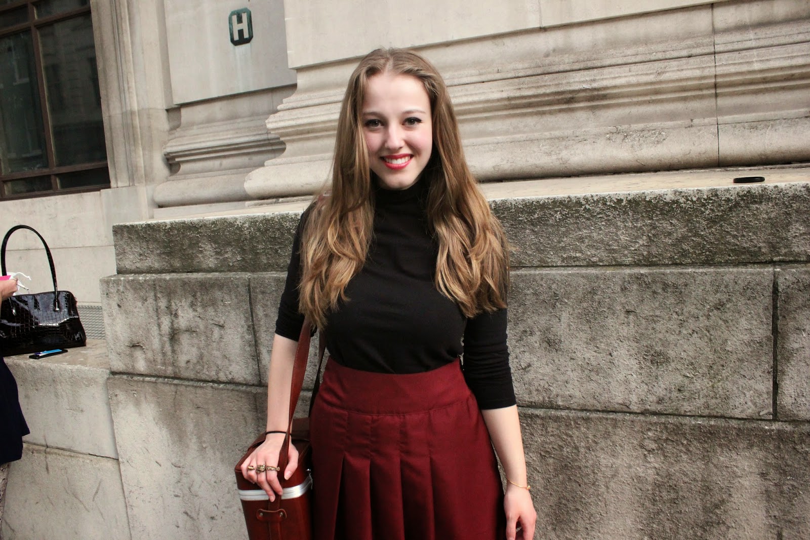 london-fashion-week-2014-lfw-spring-summer-2015-blogger-fashion-Dora-Abodi-catwalk-models-freemasons hall-fashion-scout-street-style-polo-neck-midi-skirt-heels-vintage-camera-case-OOTD-outfit-inspiration