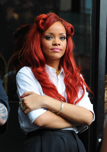 Rihanna Red Color Hairstyle 2011 Latest Real Life Pictures
