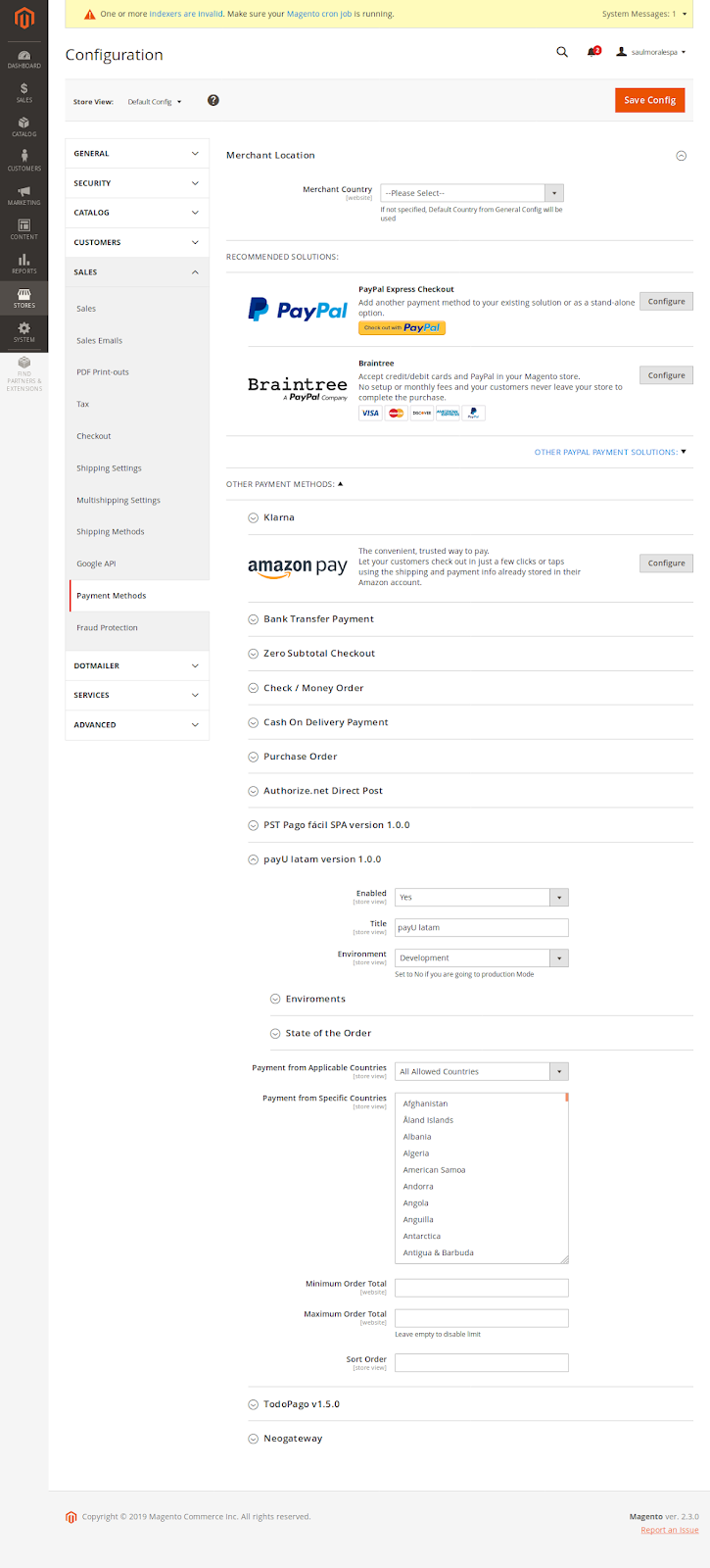 Enter the configuration menu of the payment method