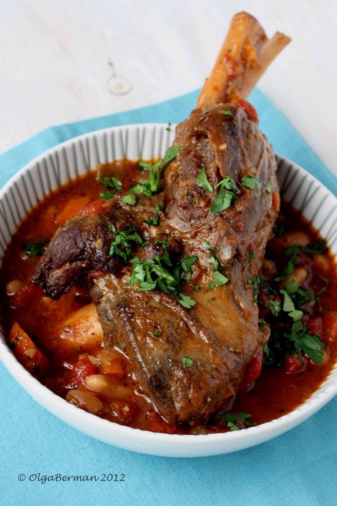 Mango & Tomato Braised Lamb Shanks with White Beans and Tomatoes