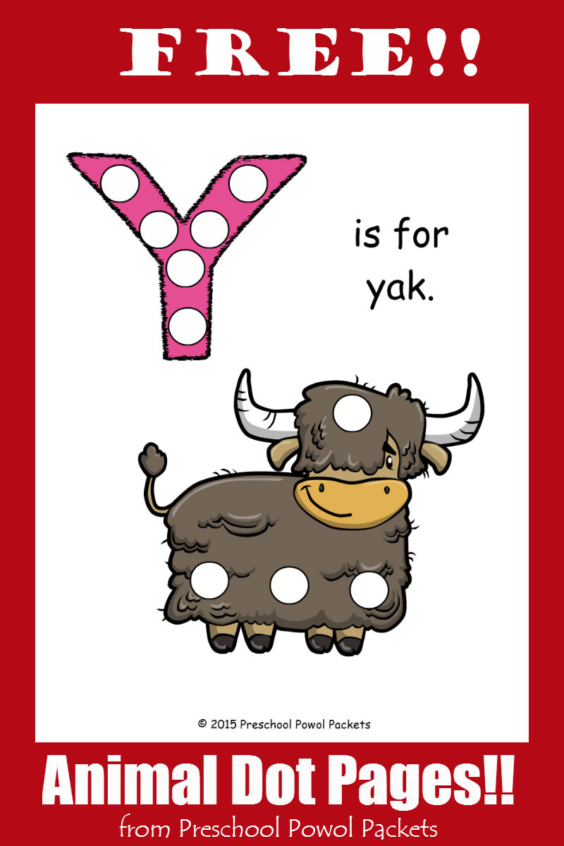 FREE Letter Y Animal Alphabet Dots Printable!  Preschool Powol Packets