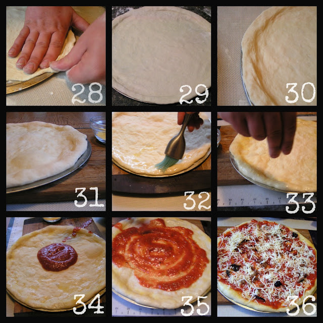 Photo collage for steps 28 to 36 for homemade pizza dough recipe. 