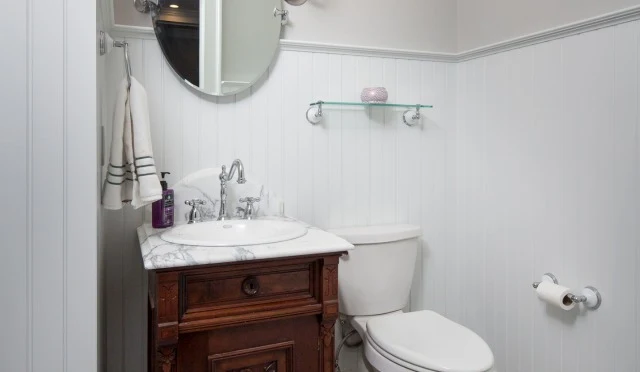 Premier Surfaces Bathroom white walls and wood vanity