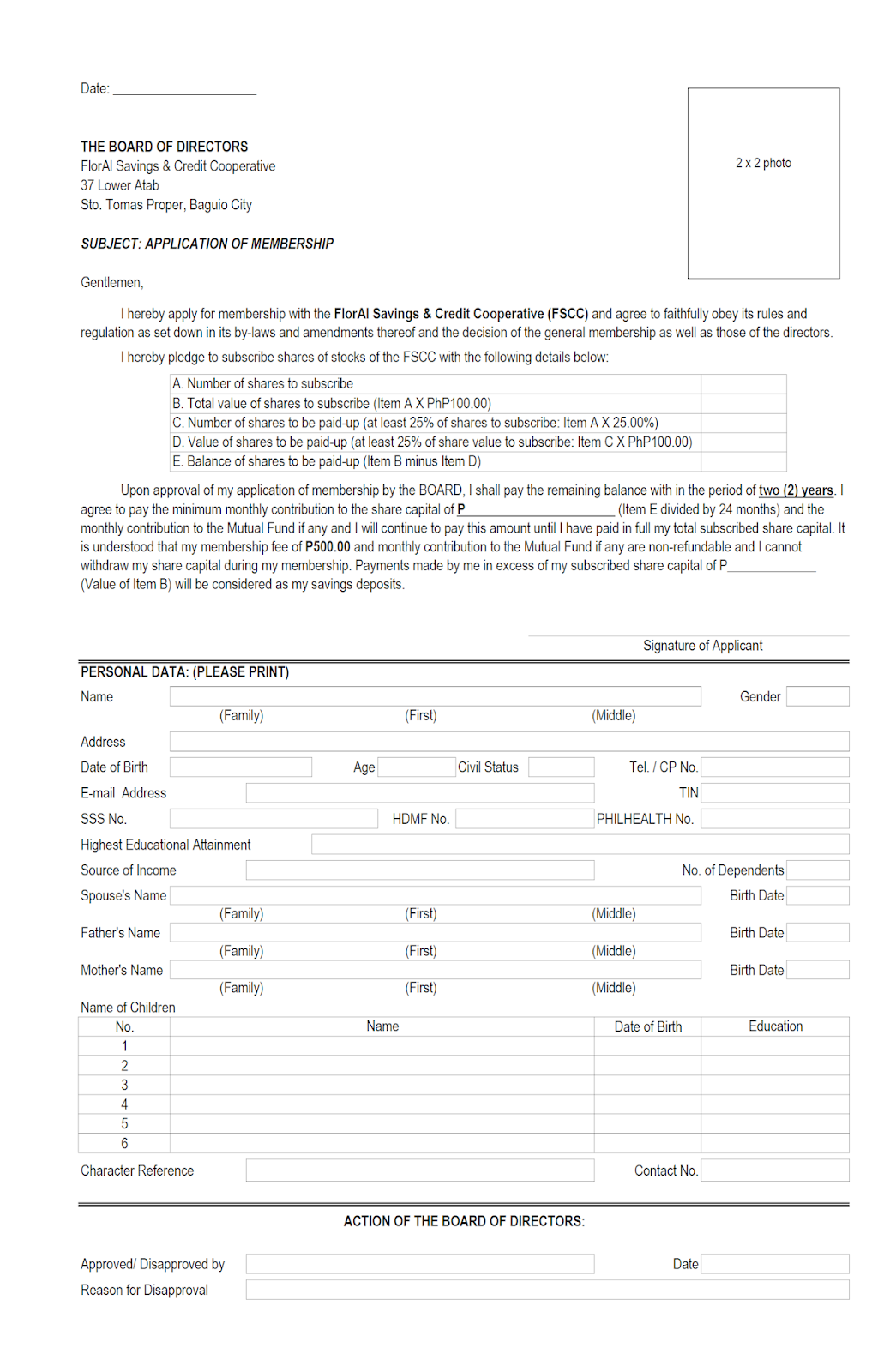 FlorAl Savings & Credit Cooperative MEMBERSHIP FORM