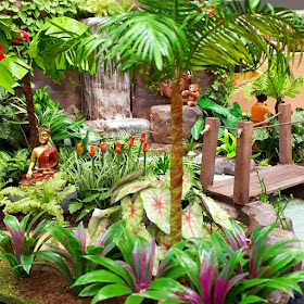 One-twelfth scale tropical garden with waterfall and buddha statue