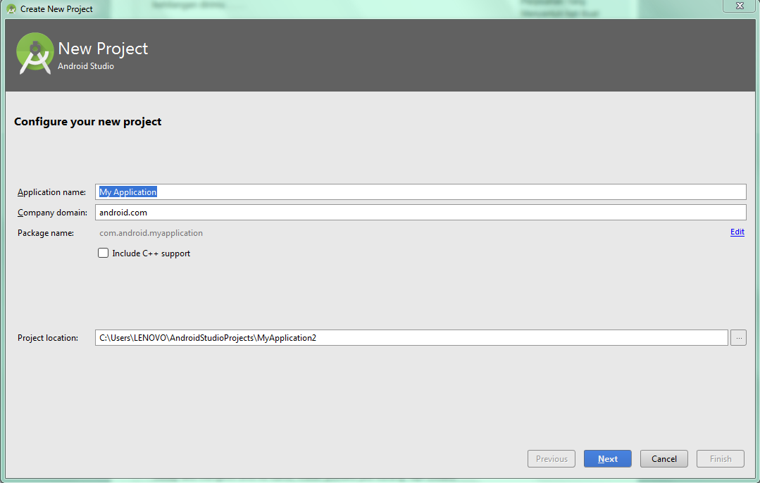 Android studio new project