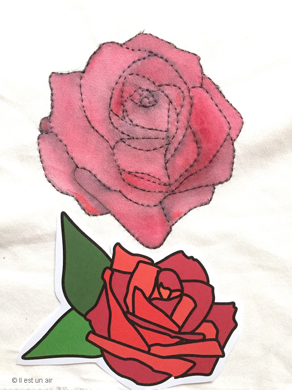 Rose peinte et brodée