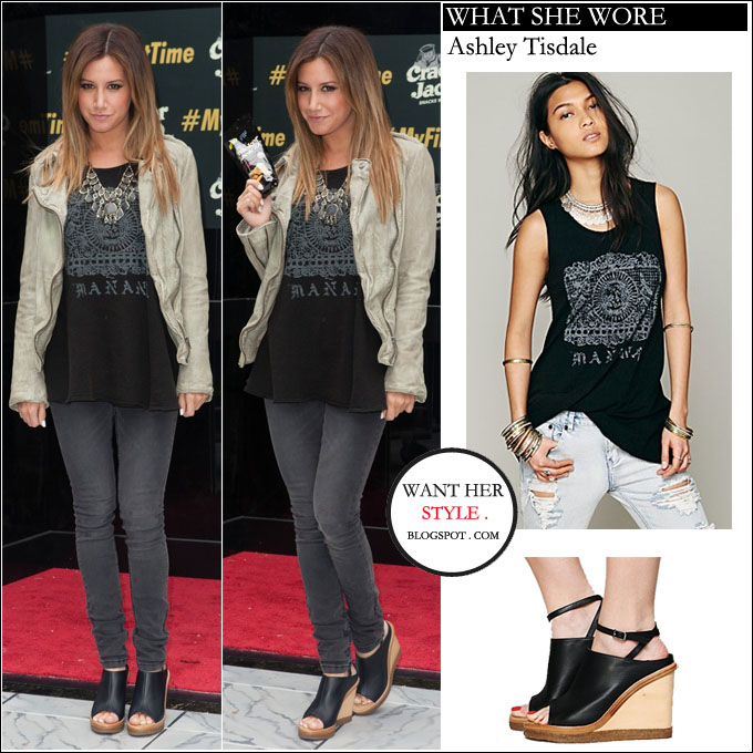 WHAT SHE WORE: Ashley Tisdale in black graphic print top with open toe ...