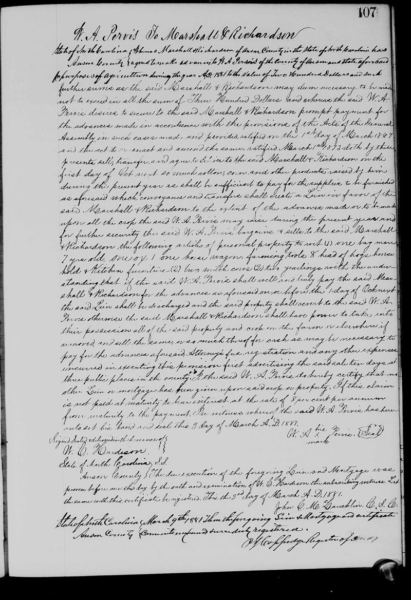 Carolina Family Roots Anson County, NC Trust Deed Between W. A. Pervis