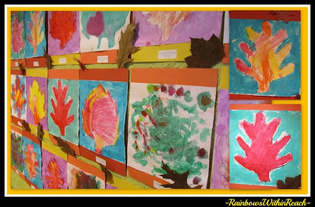 photo of: Preschool Fall Leaf Paintings on Bulletin Board (Fall RoundUP via RainbowsWithinReach) 