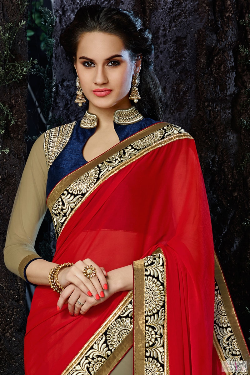RED GEORGETTE DESIGNER SAREE WITH BLUE CONTRAST BLOUSE