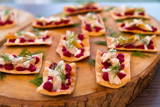 AMUSE BOUCHE Flatbreads with beetroot, smoked mackerel and dill