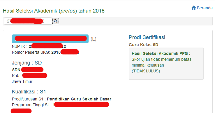 Pengumuman Hasil Seleksi Akademik Pretest PPG Online tahun 2018 WEB PTK