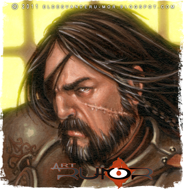 Un detalle del rostro de ilustración hecha por ªRU-MOR de personaje Oda para ÉPICA: Edades Oscuras, juego de cartas de fantasía medieval y rol. Acrílicos
