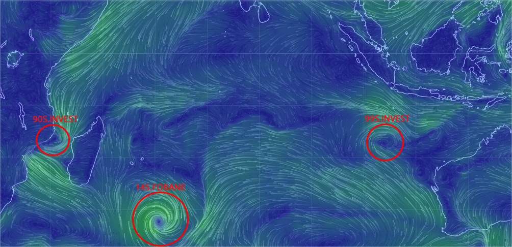 Carte de suivie des cyclone en cours à la Réunion et dans l'océan Indien