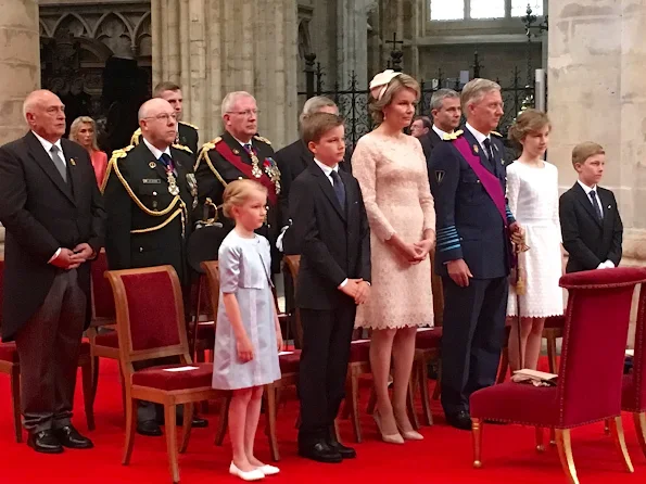 King Philippe, Queen Mathilde, Crown Princess Elisabeth, Princess Eleonore, Prince Gabriel and Prince Emmanuel, wore Natan Lace Dress