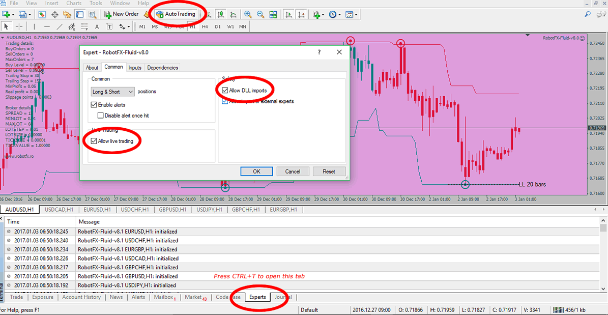 Enable the AutoTrading, Allow live trading, Allow DLL imports and check the Experts logs for errors. Enable the AutoTrading, Allow live trading, Allow DLL imports and check the Experts logs for errors.