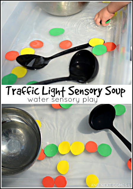 Traffic light inspired water sensory activity for kids from And Next Comes L