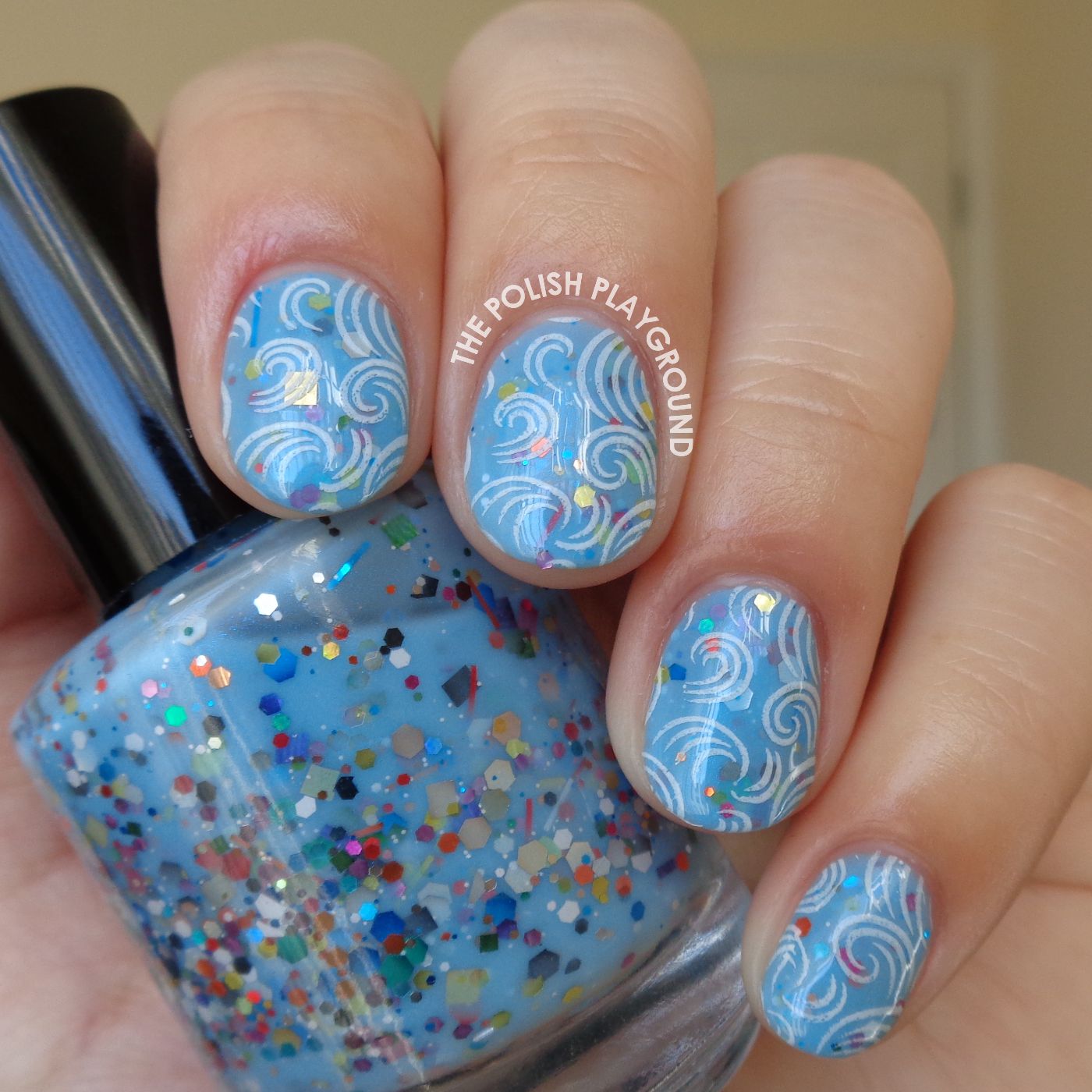 Blue Glitter Crelly with Swirly Waves Stamping Nail Art