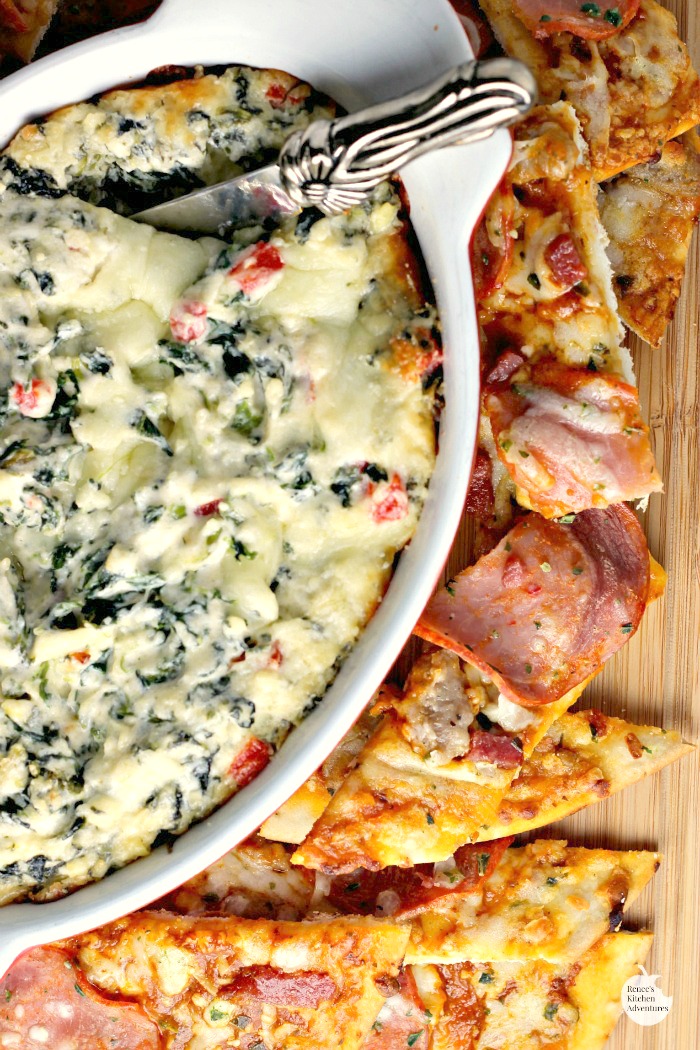 Hot and Cheesy Spinach Artichoke Dip w/Pizza Dippers | by Renee's Kitchen Adventures - A fun and easy semi-homemade appetizer recipe for any occasion, but great for the holidays! #NestleHoliday ad