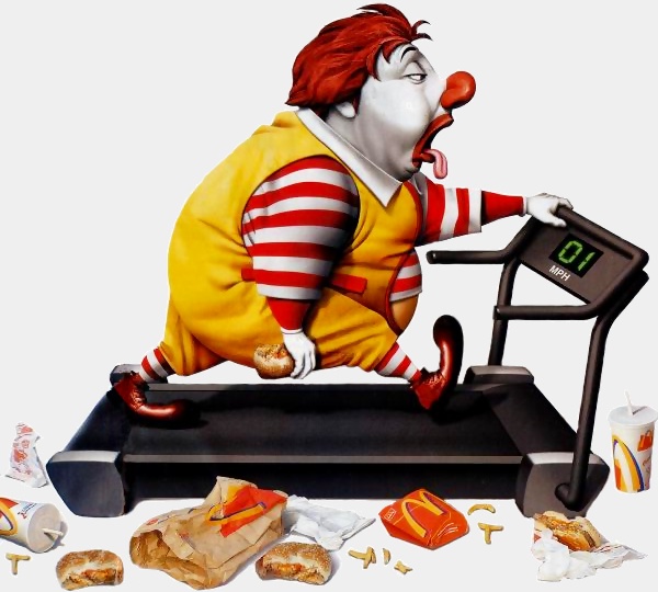 Obese Ronald McDonald working out on treadmill