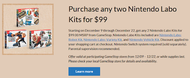 Nintendo Labo Kits holiday Christmas sale GameStop buy two for $99