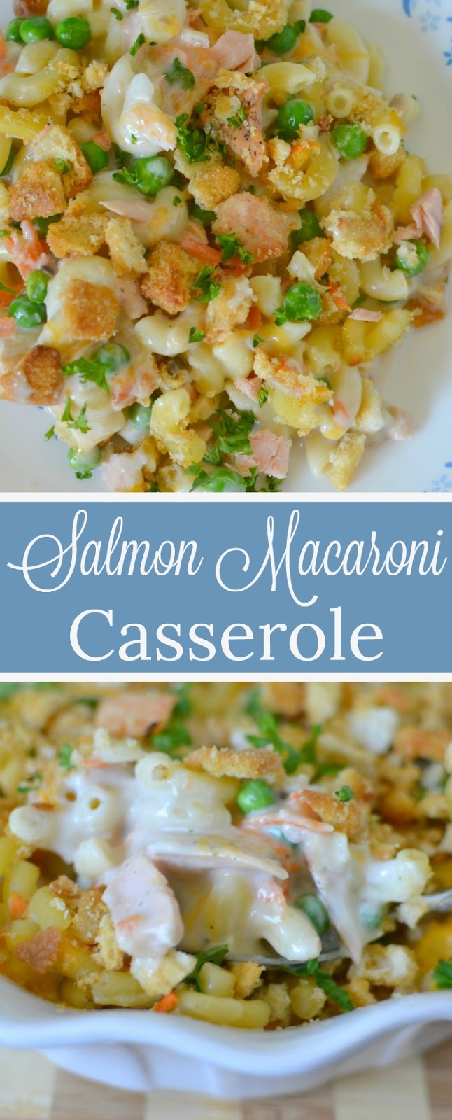Salmon Macaroni Casserole Recipe from Hot Eats and Cool Reads! This delicious and family friendly comfort food casserole can be on the table in an hour! Use canned salmon, leftover cooked salmon fillets or even give tuna a try!