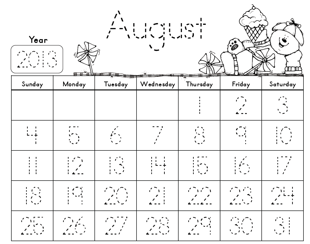 Calendars Numbers Worksheets For Preschoolers Tracing