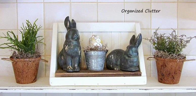 Spring Bunnies and Peat Pot Vignette www.organizedclutterqueen.blogspot.com