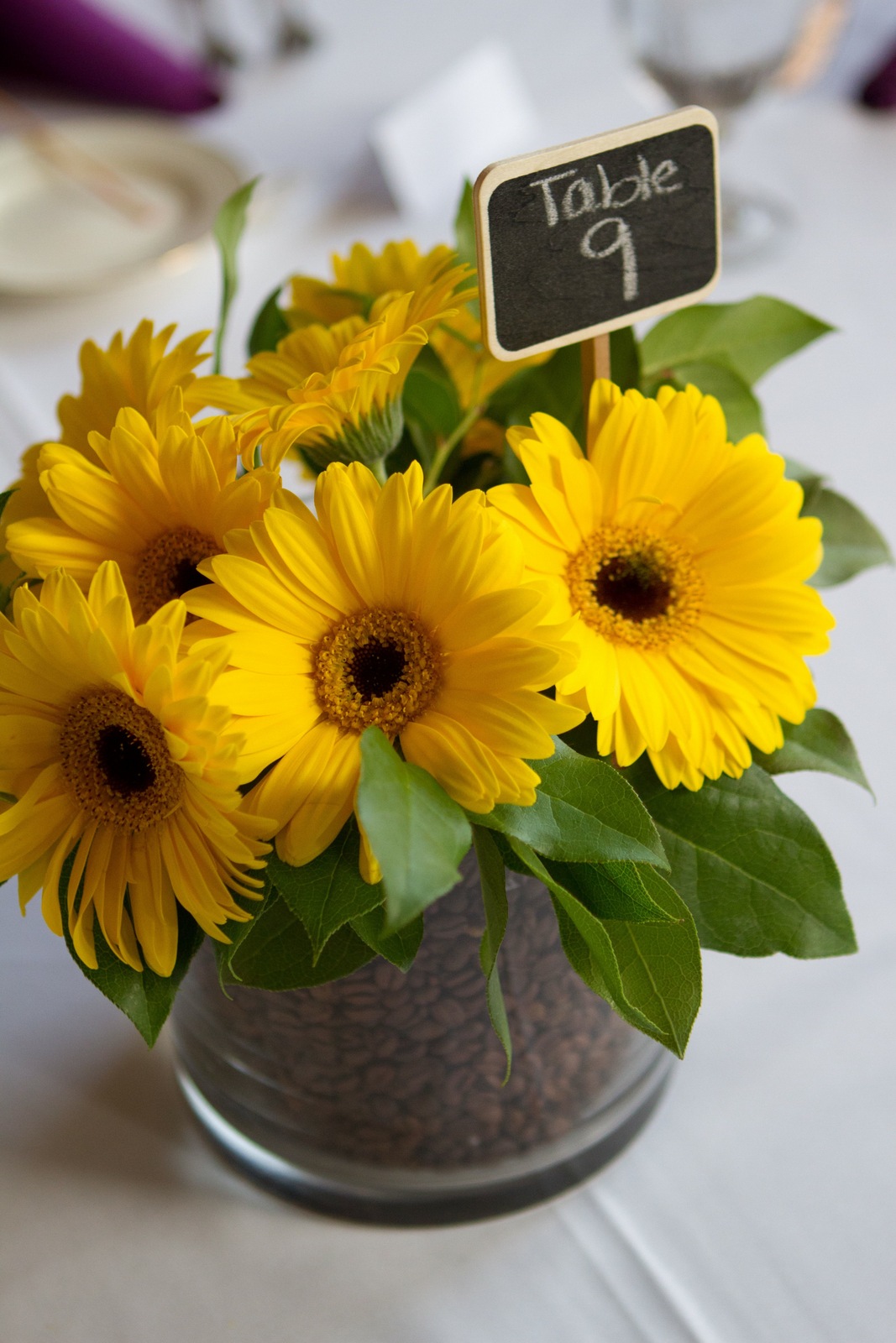 Wedding Brunch Reception - Yellow Gerbera Daisy Centerpiece with Coffee Beans by Lane & Lenge - Photo Courtesy of Brian Samuels Photography