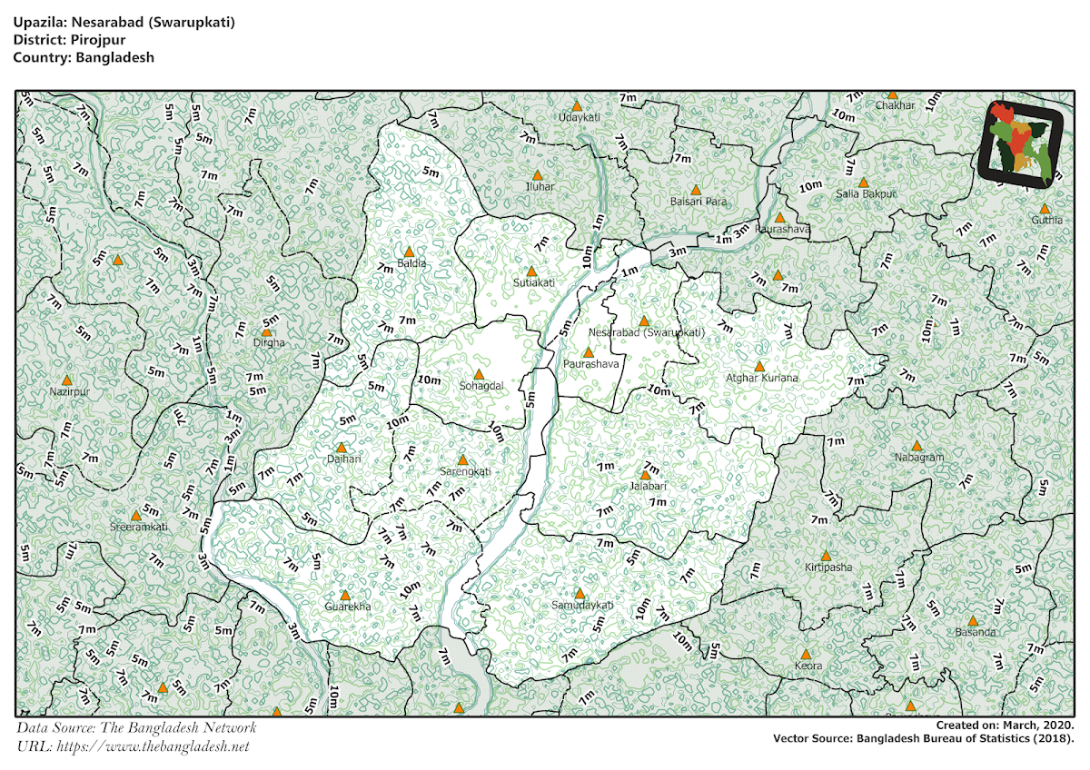 Nesarabad (Swarupkati) Upazila Elevation Map Pirojpur District Bangladesh