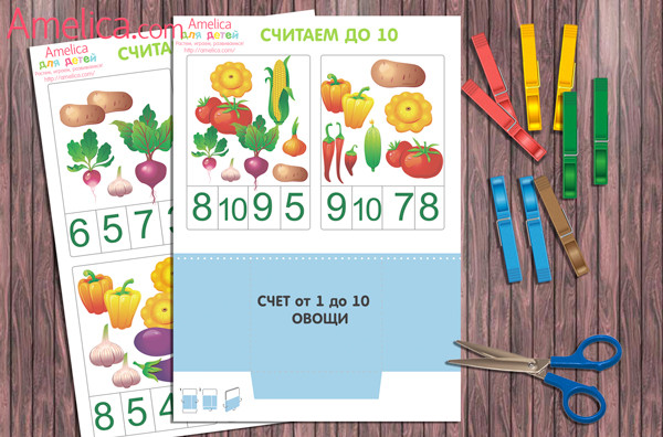 Развивающие карточки «Счет от 1 до 10. Овощи» для изучения цифр и проведения дидактических игр с прищепками