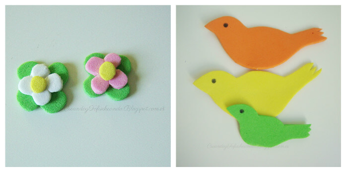 flores y pajaritos en goma eva para la casita nido para pajaros