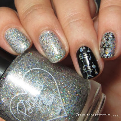 silver holo and black christmas nail art using stamped christmas trees