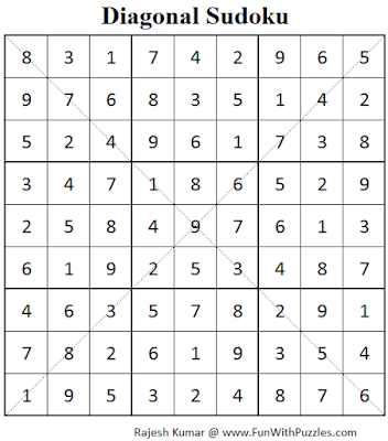 Diagonal Sudoku (Fun With Sudoku #62) Puzzle Solution
