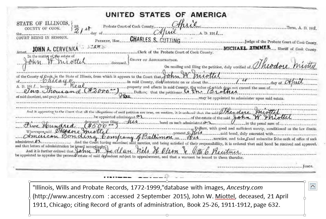 Miottel Find Theodor Miottel named as executor to John W. Miottel's estate 1911, Chicago