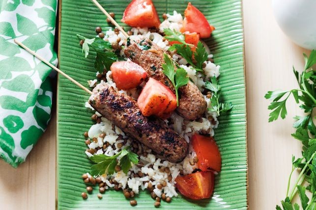 Persian-style kebabs with rice and lentil pilaf