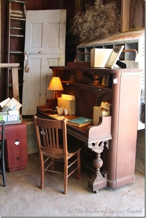Stylin' repurposed upright piano desk, by On the Banks of Squaw Creek, featured onhttp://www.ilovethatjunk.com