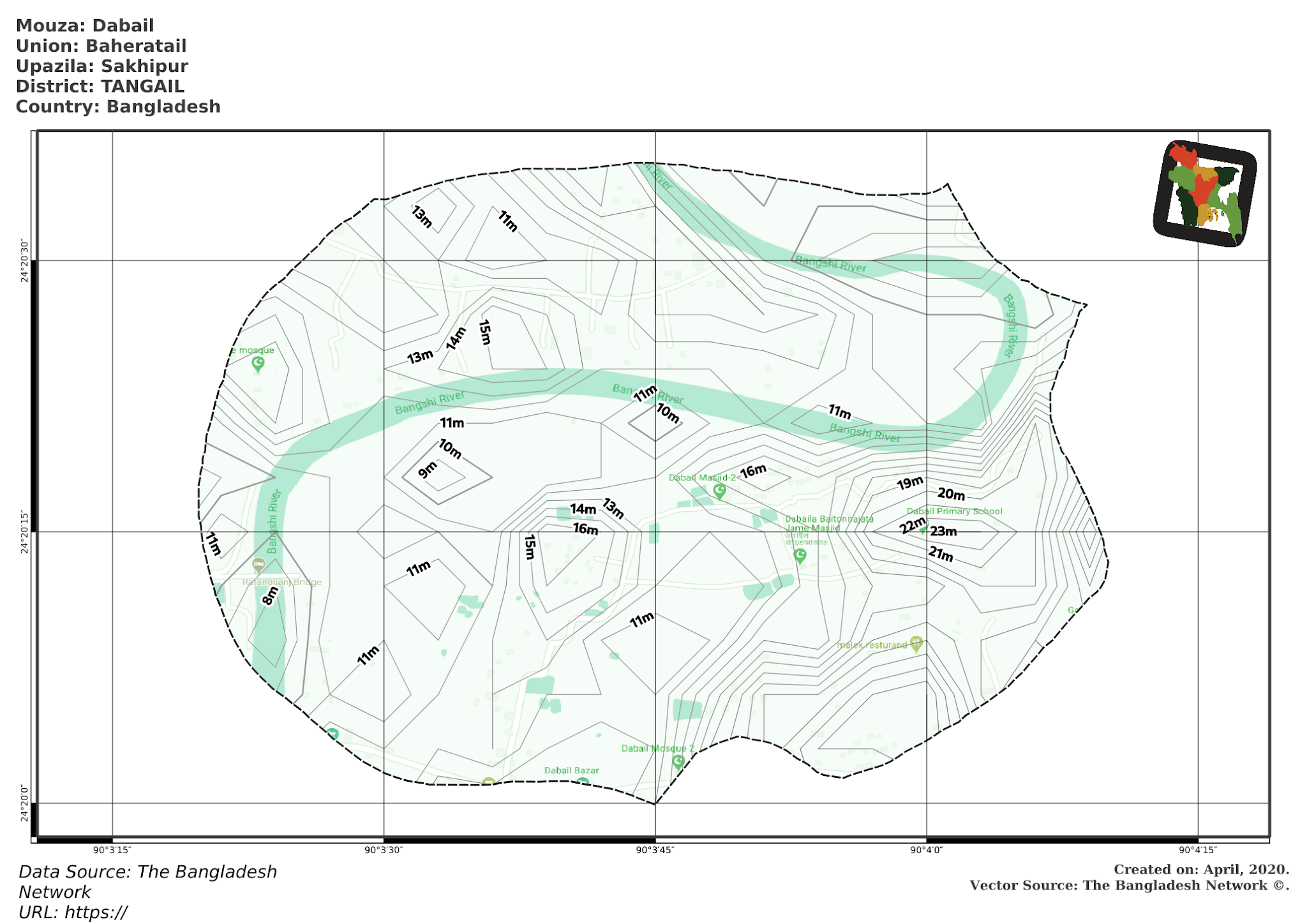 Map of Dabail Mouza of Sakhipur Upazila, TANGAIL, Bangladesh.